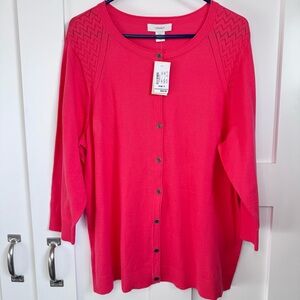 NWT CJ BANKS Cardigan Sweater Size 1X Solid Casual Pink Open Knit 100% Cotton